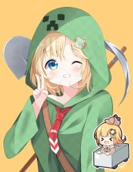 Rule 34 | 1girl, blonde hair, blue eyes, blush, chibi, chibi inset, commentary, cosplay, creeparka, creeper, creeper (cosplay), deyui, grin, hair ornament, highres, hololive, hololive english, hood, hoodie, long sleeves, looking at viewer, minecart, minecraft, multiple views, necktie, one eye closed, open mouth, orange background, pickaxe, red neckwear, short hair, shovel, simple background, smile, striped, upper body, v, virtual youtuber, watson amelia