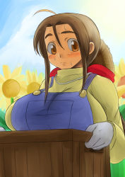 Rule 34 | 1girl, ahoge, bad id, bad pixiv id, breasts, brown eyes, brown hair, female focus, flower, freckles, hat, huge breasts, nature, outdoors, overalls, sky, solo, straw hat, sunflower, za (artist)