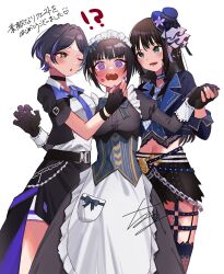 Rule 34 | !?, 3girls, :d, ;o, @ @, b9-n3, black choker, black gloves, black hair, blunt bangs, blush, breasts, choker, crop top, cropped jacket, fang, fingerless gloves, fingernails, gloves, hat, hayami kanade, highres, holding hands, idolmaster, idolmaster cinderella girls, idolmaster cinderella girls starlight stage, juliet sleeves, lipstick mark, lipstick mark on face, long hair, long sleeves, looking at viewer, loose necktie, maid, medium breasts, mini hat, multicolored hair, multiple girls, nail polish, navel, necktie, nose blush, one eye closed, open mouth, parted bangs, puffy sleeves, purple hair, shibuya rin, shirayuki chiyo, signature, simple background, small breasts, smile, straight hair, streaked hair, sweatdrop, tears, translation request, very long hair, wavy mouth, white background, yuri