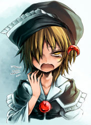 Rule 34 | 1girl, adapted costume, blonde hair, hair over one eye, hand to own mouth, harusame (unmei no ikasumi), hat, looking at viewer, lunasa prismriver, nightcap, open mouth, solo, tears, touhou, upper body, yawning, yellow eyes
