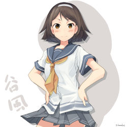 Rule 34 | 10s, 1girl, :3, bad id, bad pixiv id, blush, brown eyes, brown hair, chamu (chammkue), character name, closed mouth, collarbone, grey skirt, hairband, hands on own hips, highres, kantai collection, neckerchief, pleated skirt, sailor collar, shirt, short hair, short sleeves, skirt, solo, tanikaze (kancolle), twitter username, white background, white shirt
