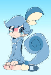 Rule 34 | 1girl, blue eyes, blue hair, creatures (company), eyebrows, game freak, gen 8 pokemon, highres, matching hair/eyes, nintendo, personification, pokemon, pokemon swsh, shoes, short hair, simple background, sobble, solo, sweater, tail, tears