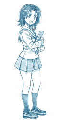 1girl bbb_(friskuser) blouse blue_theme book commentary full_body girls_und_panzer highres holding holding_book loafers long_sleeves looking_at_viewer miniskirt monochrome neckerchief ooarai_school_uniform open_mouth parted_bangs pleated_skirt sailor_collar sawa_azusa school_uniform serafuku shirt shoes short_hair skirt smile solo standing