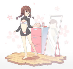 Rule 34 | 1girl, :d, barefoot, black-framed eyewear, black sweater, blush, bow, bow panties, braid, breasts, brown hair, chinese commentary, commentary request, glasses, hatsunatsu, long hair, long sleeves, looking at mirror, looking away, looking back, low twintails, mirror, navel, open mouth, original, panties, reflection, sleeves past wrists, small breasts, smile, solo, standing, standing on one leg, sweater, twin braids, twintails, underwear, white panties