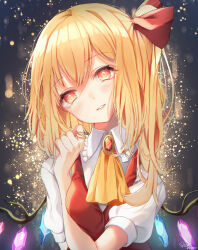 Rule 34 | 1girl, ascot, backlighting, blonde hair, bow, breasts, brooch, collared shirt, crystal, flandre scarlet, frilled shirt collar, frills, glowing, glowing wings, grey background, hair between eyes, hair bow, head tilt, jewelry, looking at viewer, medium hair, multicolored wings, no headwear, one side up, parted lips, puffy short sleeves, puffy sleeves, red bow, red brooch, red eyes, red vest, shiromoru (yozakura rety), shirt, short sleeves, simple background, small breasts, solo, touhou, upper body, vest, white shirt, wings, yellow ascot