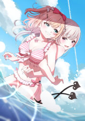Rule 34 | 2girls, absurdres, akashi (4kc 27), asumi sena, asumi sena (summer c102), back-to-back, bikini, blonde hair, blue bikini, blue sky, bow, cloud, cross hair ornament, demon tail, fang, frilled bikini, frills, front-tie bikini top, front-tie top, green eyes, grin, hair bow, hair ornament, hairclip, highres, jewelry, kurumi noah, kurumi noah (summer c102), locked arms, long hair, looking back, multiple girls, navel, necklace, ocean, official alternate costume, one side up, open mouth, pink bikini, pink hair, side-tie bikini bottom, skin fang, sky, smile, swimsuit, tail, virtual youtuber, vspo!, wading, water, white hair