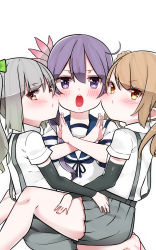 Rule 34 | 10s, 3girls, :o, :t, akebono (kancolle), arm warmers, ascot, bad id, bad pixiv id, blonde hair, blush, brown eyes, cheek-to-cheek, crossed arms, flower, girl sandwich, grey hair, hair bun, hair flower, hair ornament, heads together, highres, imperial japanese navy, kantai collection, kasumi (kancolle), long hair, michishio (kancolle), mitsudoue, multiple girls, open mouth, pleated skirt, ponytail, pout, purple eyes, purple hair, ribbon, sandwiched, school uniform, serafuku, short twintails, side ponytail, simple background, skirt, suspenders, twintails, yellow eyes