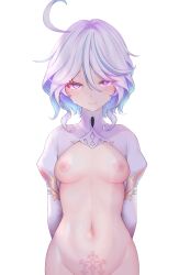 Rule 34 | 1girl, ahoge, arms behind back, blue hair, blush, bottomless, breasts, furina (genshin impact), genshin impact, hair between eyes, highres, long hair, looking at viewer, medium breasts, multicolored hair, navel, nikuku (kazedesune), nipples, out-of-frame censoring, pubic tattoo, purple eyes, simple background, solo, tattoo, tears, two-tone hair, white background, white hair