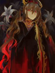 Rule 34 | 1girl, aura, bad id, bad pixiv id, black dress, blonde hair, chinese clothes, commentary, dark, dress, expressionless, flower, glowing, glowing eyes, hat, highres, junko (touhou), lily (flower), long hair, looking down, nazoko, own hands together, red eyes, ribbon, serious, sideways glance, solo, tabard, touhou, very long hair