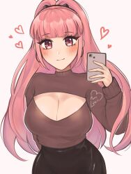 Rule 34 | 1girl, alternate costume, blunt bangs, blush, breasts, brown sweater, cellphone, cleavage, cleavage cutout, clothing cutout, commentary, fire emblem, fire emblem: three houses, heart, highres, hilda valentine goneril, holding, holding phone, large breasts, long hair, long sleeves, looking at viewer, nintendo, phone, pink eyes, pink hair, ponytail, purrlucii, smartphone, smile, solo, sweater, turtleneck, turtleneck sweater, upper body, very long hair