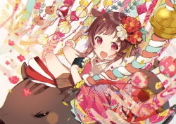 Rule 34 | 1girl, :d, animal, bell, black gloves, blurry, boar, brown hair, chinese zodiac, depth of field, egasumi, flower, gloves, hair flower, hair ornament, highres, japanese clothes, jingle bell, kimono, leaf, looking at viewer, looking up, new year, omutatsu, open mouth, original, pink kimono, print kimono, red eyes, red flower, riding, rope, saddle, sanpaku, shimenawa, short hair, sidelocks, smile, solo, thighs, white flower, year of the pig