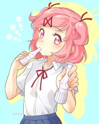 Rule 34 | 1girl, blue background, blue skirt, collared shirt, commentary request, doki doki literature club, foreshortening, hair ornament, hair ribbon, hairclip, holding, looking at viewer, nan, natsuki (doki doki literature club), neck ribbon, pink eyes, pink hair, pleated skirt, red ribbon, ribbon, school uniform, shirt, short sleeves, skirt, solo, swept bangs, two-tone background, two side up, upper body, white shirt, yellow background