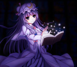 Rule 34 | 1girl, book, capelet, coat, crescent, darkness, dress, floating, floating book, floating object, hat, long hair, long sleeves, magic, meng xiao jiong, mob cap, open clothes, open coat, outstretched arm, patchouli knowledge, purple eyes, purple hair, smile, solo, striped clothes, striped dress, touhou, very long hair