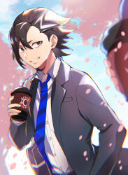 Rule 34 | 1boy, 1other, alternate costume, black hair, blue necktie, brown eyes, cherry blossoms, coffee, collared shirt, cup, day, disposable cup, fate/extella, fate/extella link, fate/extra, fate/grand order, fate (series), formal, kotoko902, long sleeves, looking at another, male focus, mandricardo (fate), necktie, outdoors, petals, shirt, short hair, smile, suit, teeth, white shirt