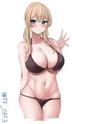 Rule 34 | 1girl, alternate costume, arm behind back, bikini, black bikini, blonde hair, blue eyes, breasts, cleavage, collarbone, commentary request, cropped legs, highres, kantai collection, large breasts, long hair, low twintails, navel, one-hour drawing challenge, parted lips, prinz eugen (kancolle), simple background, smile, solo, swimsuit, tf cafe, twintails, twitter username, waving, white background