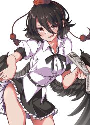 Rule 34 | 1girl, bare hips, bare legs, bird wings, black hair, black skirt, black wings, blush, breasts, buttons, clothes lift, collared shirt, fang, feathered wings, frilled skirt, frills, gokuu (acoloredpencil), hat, highres, holding, holding newspaper, large breasts, looking at viewer, miniskirt, newspaper, open mouth, puffy short sleeves, puffy sleeves, red eyes, red footwear, red hat, shameimaru aya, shirt, shoes, short hair, short sleeves, skin fang, skirt, skirt lift, smile, socks, solo, tokin hat, touhou, white shirt, white socks, wings