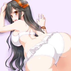 Rule 34 | 10s, 1girl, against wall, ass, bent over, bikini, black hair, breasts, brown eyes, cowboy shot, dd (ijigendd), from behind, hair ornament, hairband, hairclip, haruna (kancolle), kantai collection, large breasts, long hair, looking at viewer, looking back, sideboob, simple background, solo, strap gap, swimsuit, thigh gap, white bikini, wristband