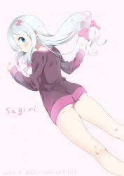 Rule 34 | 10s, 1girl, absurdres, ass, blush, bow, character name, closed mouth, dated, dutch angle, eromanga sensei, floating hair, from behind, hair bow, highres, izumi sagiri, kneepits, long hair, long sleeves, looking at viewer, looking back, low-tied long hair, naked sweater, neki (wakiko), pink background, pink bow, profile, simple background, solo, sweater, thighs, twitter username