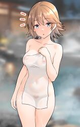 Rule 34 | 1girl, blurry, blurry background, breasts, brown hair, collarbone, covered erect nipples, covered navel, covering privates, female pubic hair, flipped hair, furaggu (frag 0416), grey hair, hiei (kancolle), highres, kantai collection, large breasts, naked towel, nude cover, onsen, pubic hair, see-through, short hair, solo, standing, towel, white towel