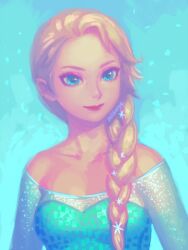 Rule 34 | 1girl, artist name, bellhenge, blonde hair, blue background, blue dress, blue eyes, braid, breasts, cleavage, closed mouth, collarbone, commentary, dress, elsa (frozen), english commentary, eyelashes, eyeshadow, frozen (disney), hair ornament, lipstick, long hair, long sleeves, looking at viewer, makeup, medium breasts, off-shoulder dress, off shoulder, pink eyeshadow, red lips, see-through, see-through sleeves, single braid, smile, snowflake hair ornament, snowing, swept bangs, upper body