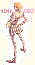 Rule 34 | 1boy, black pants, blonde hair, braid, character name, closed mouth, demon (02030108), dotted line, full body, giorno giovanna, jojo no kimyou na bouken, long hair, looking at viewer, male focus, pants, shoes, solo, text focus, vento aureo, yellow eyes