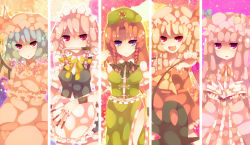 Rule 34 | 5girls, bad id, bad pixiv id, blonde hair, blush, china dress, chinese clothes, column lineup, dress, female focus, flandre scarlet, green dress, hat, hong meiling, izayoi sakuya, long sleeves, looking at viewer, mob cap, multiple girls, naigashiro, patchouli knowledge, red eyes, red hair, remilia scarlet, ria (artist), shaded face, star (symbol), tareme, embodiment of scarlet devil, touhou