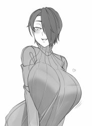 Rule 34 | 1girl, black hair, blush, breasts, commentary, english commentary, grey eyes, grey sweater, greyscale, hair over one eye, heart, huge breasts, looking at viewer, monochrome, original, ribbed sweater, saya (twrlare), short hair, simple background, sketch, smile, sweater, turtleneck, turtleneck sweater, twrlare, white background