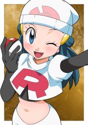 Rule 34 | 1girl, alternate costume, beanie, blue eyes, blue hair, border, cosplay, creatures (company), dawn (pokemon), elbow gloves, game freak, gloves, gradient background, hainchu, hair ornament, hat, highres, holding, holding poke ball, jessie (pokemon), jessie (pokemon) (cosplay), looking at viewer, medium hair, midriff, navel, nintendo, one eye closed, outstretched arm, poke ball, pokemon, pokemon (anime), pokemon dppt (anime), solo, stomach, team rocket, team rocket uniform, white border