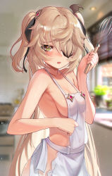 Rule 34 | 1girl, apron, blonde hair, blurry, blush, breasts, eyepatch, fischl (genshin impact), genshin impact, green eyes, hair ornament, hair ribbon, highres, holding, holding whisk, indoors, kitchen, long hair, looking at viewer, naked apron, open mouth, raised eyebrows, ribbon, sideboob, small breasts, solo, torriet, two side up, upper body, very long hair, whisk, white apron