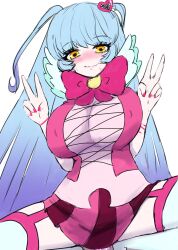 Rule 34 | 1girl, blue hair, blush, breasts, commentary, covered erect nipples, fingernails, hair ornament, highres, large breasts, lobotomy corporation, long hair, magical girl, project moon, queen of hatred, sex toy, sweat, symbol-only commentary, tentere, thighhighs, v, white background, yellow eyes