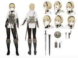 Rule 34 | 1girl, :d, arms at sides, belt, belt pouch, blonde hair, boots, brown gloves, buckler, character sheet, commentary request, cross-laced clothes, dagger, expressions, facing away, fantasy, fingerless gloves, flat color, from behind, from side, full body, gloves, grey eyes, hairband, highres, km yama, knife, long bangs, looking at viewer, medieval, open mouth, original, pouch, sheath, sheathed, shield, smile, solo, standing, surprised, sword, teeth, upper teeth only, weapon, white background