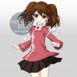 Rule 34 | 1girl, artist name, blush, brown hair, brown skirt, character name, checkered background, commentary request, cowboy shot, flat chest, gradient background, grey background, hair between eyes, inaba shiki, japanese clothes, kantai collection, kariginu, long hair, long sleeves, looking at viewer, magatama, open mouth, pleated skirt, red shirt, ryuujou (kancolle), school uniform, shirt, simple background, skirt, smile, solo, standing, twintails, white shirt