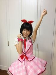 Rule 34 | 1girl, aikatsu!, aikatsu! (series), bow, cosplay, hoshimiya ichigo, hoshimiya ichigo (cosplay), jacket, morohoshi sumire, photo (medium), pink jacket, pink skirt, red bow, skirt
