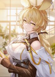 Rule 34 | 1girl, animal ears, arknights, backlighting, bare shoulders, blonde hair, blurry, blurry background, breasts, cleavage, cleavage cutout, clothing cutout, depth of field, dorothy (arknights), fingerless gloves, gloves, hair intakes, highres, kachi, large breasts, long hair, long sleeves, looking at viewer, low ponytail, mouse ears, no headwear, own hands together, parted lips, solo, teeth, underbust, upper teeth only, yellow eyes, yellow gloves