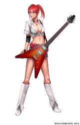 Rule 34 | 1girl, belt, blue eyes, blush, boots, breasts, candy cane (rumble roses), choker, cleavage, collar, crop top, elbow pads, electric guitar, fingerless gloves, front-tie top, full body, gibson, gibson flying v, gloves, guitar, heart, high heel boots, high heels, instrument, jewelry, knee boots, konami, legs apart, lipstick, makeup, medium breasts, midriff, miniskirt, navel, necklace, no bra, pendant, pinup (style), plaid, plaid skirt, red hair, rumble roses, ryu (ryu&#039;s form site), shoes, short hair, short twintails, simple background, skirt, sleeves rolled up, solo, standing, studded belt, twintails