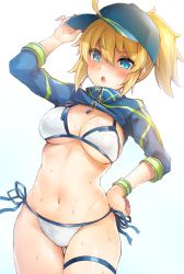 Rule 34 | 1girl, artoria pendragon (fate), baseball cap, bikini, blonde hair, blue eyes, blue hat, breasts, cowboy shot, cropped jacket, fate/grand order, fate (series), gluteal fold, hair through headwear, hand on own hip, hat, highres, looking at viewer, medium breasts, mysterious heroine x (fate), mysterious heroine xx (fate), open mouth, ponytail, round teeth, samoore, shrug (clothing), side-tie bikini bottom, simple background, solo, standing, swimsuit, teeth, thigh gap, upper teeth only, white background, white bikini