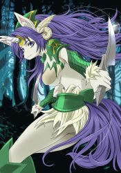 Rule 34 | 1girl, blue eyes, breasts, female focus, forest, furry, furry female, highres, legend of mana, long hair, nature, outdoors, plant, platin (alios), purple hair, seiken densetsu, sierra (lom), solo, sword, weapon, wolf
