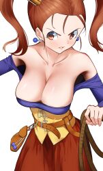 1girl absurdres bare_shoulders belt blush breasts brown_hair cleavage collarbone corset dragon_quest dragon_quest_viii earrings highres holding holding_whip jessica_albert jewelry large_breasts looking_at_viewer maeve_(ve) purple_shirt shirt twintails whip