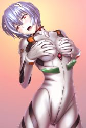 Rule 34 | 1girl, :o, ahegao, akahige, arched back, ayanami rei, blue hair, blush, bodysuit, bracer, breasts, cowboy shot, drooling, gloves, grabbing own breast, gradient background, hair between eyes, headgear, highres, interface headset, looking at viewer, neon genesis evangelion, open mouth, pilot suit, plugsuit, red eyes, saliva, short hair, silver hair, solo, tears, turtleneck