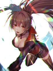 Rule 34 | 1girl, azur lane, blurry, breasts, chromatic aberration, cleavage, collarbone, commentary request, depth of field, dutch angle, dynamic pose, earrings, flag, frilled thighhighs, frills, hair between eyes, holding, holding flag, jean bart (azur lane), jewelry, large breasts, long hair, looking at viewer, moji (mojimozis), open mouth, platinum blonde hair, ponytail, red eyes, running, short shorts, shorts, solo, standing, standing on one leg, striped clothes, striped thighhighs, thighhighs, vertical-striped clothes, vertical-striped thighhighs, very long hair