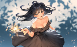 Rule 34 | 1girl, :d, absurdres, ahoge, arm at side, bare shoulders, black dress, black hair, blunt bangs, blush, breasts, brown hair, cleavage, collarbone, dress, eyelashes, fingernails, floating hair, hand up, highres, holding, long hair, looking at viewer, medium breasts, nail polish, off-shoulder dress, off shoulder, open mouth, original, pink nails, re:shimashima, sidelocks, smile, solo, teeth, upper teeth only, wind