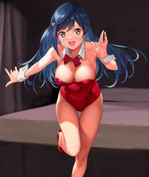 Rule 34 | 1girl, a1 (initial-g), animal ears, bare shoulders, blue hair, blush, bow, bowtie, breasts, cleavage, collarbone, detached collar, fake animal ears, grey eyes, hair ornament, hairclip, highres, large breasts, leaning forward, leotard, long hair, looking at viewer, love live!, love live! nijigasaki high school idol club, one side up, open mouth, playboy bunny, rabbit ears, red leotard, smile, solo, standing, standing on one leg, strapless, strapless leotard, traditional bowtie, wrist cuffs, yuki setsuna (love live!)