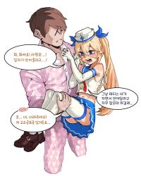 Rule 34 | 1boy, 1girl, absurdres, anflo, blonde hair, blue eyes, blue skirt, blush, brown hair, carrying, commander (last origin), dixie cup hat, elbow gloves, faceless, faceless male, gloves, hair between eyes, hair ribbon, hat, highres, korean text, last origin, loafers, midriff, military hat, navel, open mouth, pajamas, pleated skirt, princess carry, ribbon, sailor collar, shoes, simple background, skirt, sweatdrop, thetis (last origin), thighhighs, twintails, white background, white thighhighs