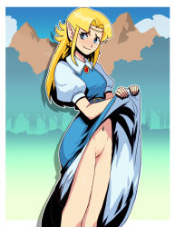 Rule 34 | 1girl, blonde hair, blue eyes, blush, cleft of venus, clothes lift, daga, dress, dress lift, earrings, female focus, jewelry, lifted by self, long hair, navel, nintendo, no panties, pointy ears, princess zelda, pussy, solo, tagme, the legend of zelda, the legend of zelda: a link to the past, triforce, uncensored