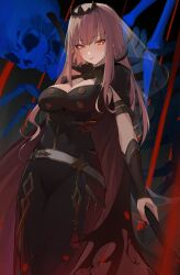 Rule 34 | 1girl, absurdres, armlet, black cape, black dress, black sleeves, black tiara, blunt bangs, blush, breasts, cape, cleavage, detached sleeves, dress, highres, holding, holding scythe, holding weapon, hololive, hololive english, large breasts, mori calliope, mori calliope (1st costume), pink hair, red eyes, remirii, scythe, sidelocks, single sleeve, skeleton, sleeveless, sleeveless dress, smile, solo, spiked cape, tiara, torn cape, torn clothes, veil, virtual youtuber, weapon