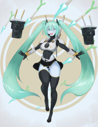 1girl absurdres alien armor belt black_gloves black_leotard black_panties black_skirt black_thighhighs blue_eyes blush_stickers boobplate breastplate breasts colored_skin commentary covered_navel crossover drone english_commentary fewer_digits fin_funnels full_body gloves gluteal_fold green_hair hatsune_miku headset highres idol large_breasts leotard long_hair long_sleeves looking_at_viewer miniskirt no_nose panties pantyshot revision robot_jones_(artist) science_fiction shoulder_armor skirt solo spring_onion t&#039;au tau_drone thighhighs thighs underwear vambraces very_long_hair vocaloid warhammer_40k white_skin