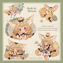 Rule 34 | 1girl, animal, animal ear fluff, animal ears, animal on head, aqua eyes, bird, bird on head, blonde hair, border, borrowed character, bug, butterfly, chibi, chibi inset, chick, child, commission, dot nose, double-parted bangs, fennec fox, flower, fox girl, fox tail, french text, green border, hat, highres, insect, large ears, long hair, low-tied long hair, multi-tied hair, multiple views, on head, original, parted lips, rerain, tail, tareme, twintails, very long hair, watermark, wavy hair, white background, white hat, yellow tail