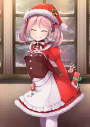Rule 34 | 1girl, apron, arms behind back, blush, breasts, christmas, closed eyes, dress, fur trim, gift, grin, hair bobbles, hair ornament, hat, holding, holding gift, indoors, kantai collection, long sleeves, mofu namako, pantyhose, pink hair, puffy long sleeves, puffy sleeves, rabbit, red dress, santa hat, sazanami (kancolle), small breasts, smile, snow, solo, white apron, white pantyhose, window