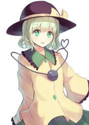 Rule 34 | 1girl, :d, blush, bow, collar, cowboy shot, culter, dress, frilled collar, frilled shirt collar, frills, green eyes, green hair, green skirt, hat, hat bow, hat ribbon, heart, heart of string, komeiji koishi, long sleeves, looking at viewer, matching hair/eyes, one-hour drawing challenge, open mouth, ribbon, short hair, simple background, skirt, smile, solo, third eye, touhou, twitter username, white background, wide sleeves, yellow bow, yellow dress