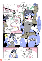Rule 34 | !?, ..., 2girls, ^^^, alternate language, animal ears, bomber jacket, breasts, dragon ears, dragon girl, dragon horns, dragon tail, dragon wings, furry, furry female, gavel, goggles around one leg, highres, horns, jacket, judge, large breasts, leotard, leotard under clothes, leotard under shorts, levia (modern mogal), limited palette, multiple girls, my little pony, my little pony: friendship is magic, original, patreon username, ptera (modern mogal), rainbow dash, scales, shepherd0821, shirt, small breasts, spoken ellipsis, spoken interrobang, squiggle, t-shirt, tail, thighs, watermark, web address, weighing scale, wings